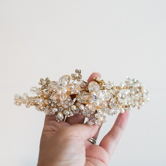 Wedding Headband Crystal Pearl Antique Gold Bride - Picture 4 of 11
